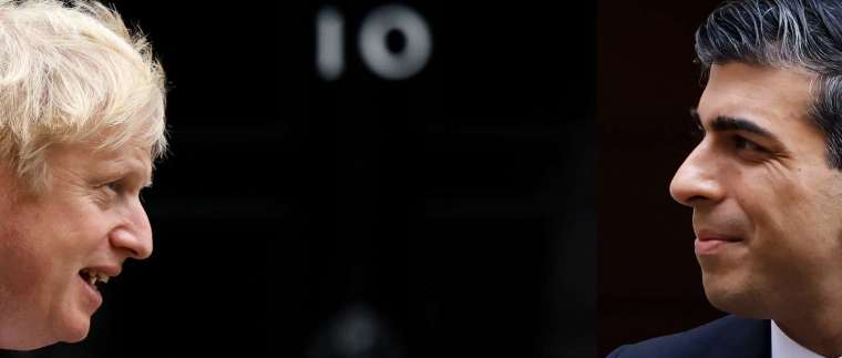 英國將選出六年來第五任首相,前財長蘇納克 (右)、前首相強生 (左) 的聲勢領先。 (圖: AFP)