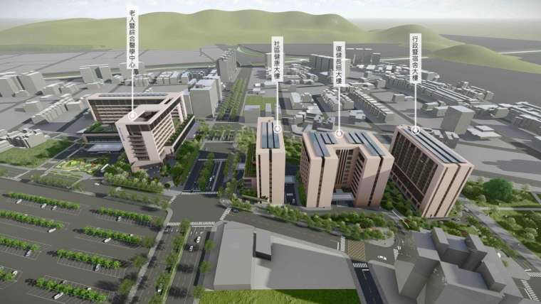 位於北屯區的百億醫療園區「台中市立綜合醫院」如火如荼興建中，預計 2025 年底完工啟用，此為完工後 3D 模擬圖。(圖: 業者提供)
