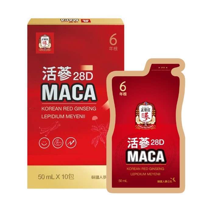 正官庄「活蔘28D MACA」含嚴選「六年根高麗蔘」及「頂級黑馬卡」全面提升戰鬥力、續航力，全方位提升戰鬥力，是運動員最佳助力！