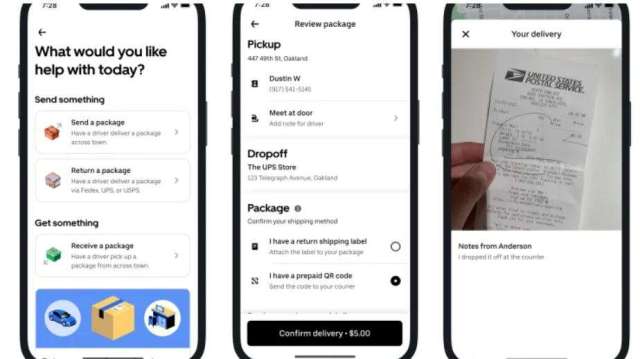 Uber新服務功能上線 提供收取退貨包裹轉交快遞公司。（圖：Uber）