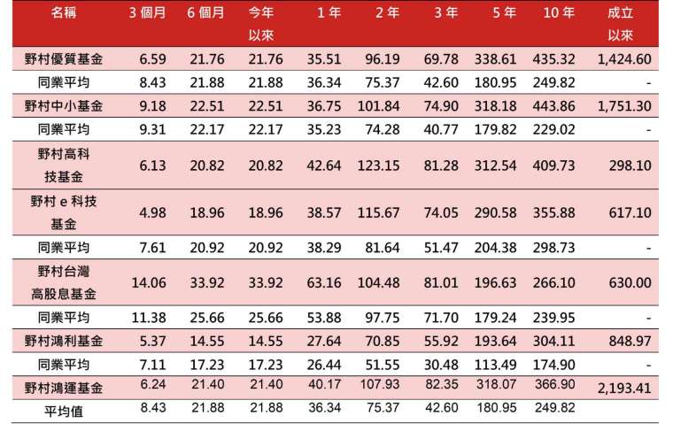 資料來源：理柏，資料來源：2024/06/30，上表之同業平均依序分別為SITCA國內股票型一般股票型、中小股票型、科技股票型、台灣股票型、價值股票型與國內平衡型一般股票型類別。