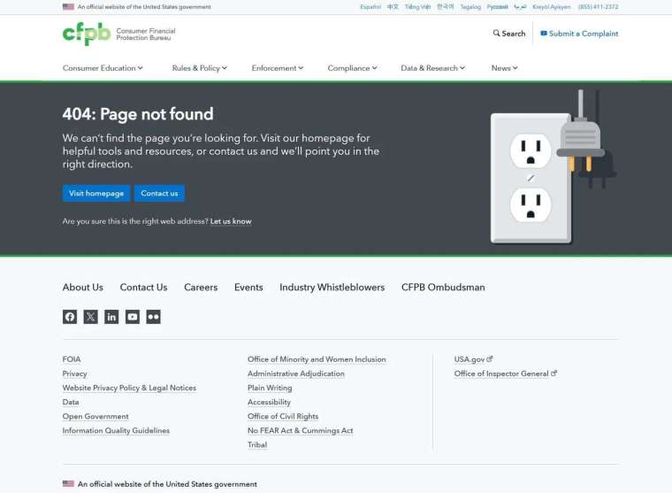 CFPB官網已停擺(圖：CFPB)