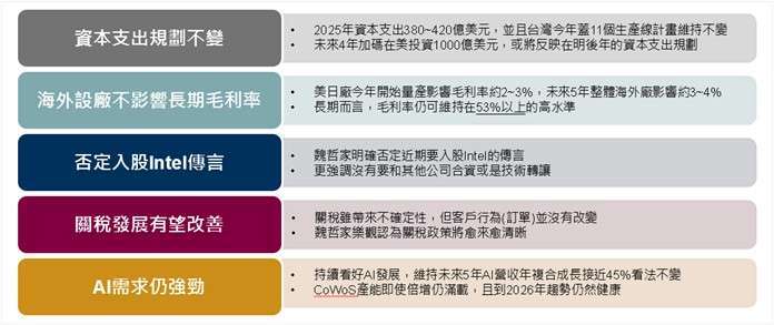 資料來源：台積電法說會、野村投信整理；資料日期：2025/4。以上所提個股僅為舉例說明，非為個股推薦。投資人申購本基金係持有基金受益憑證，而非本文提及之投資資產或標的。