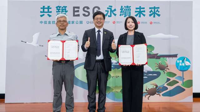 在內政部國家公園署署長王成機(中)的見證下,由中信金控總經理高麗雪(右)、台江處處長謝偉松(左)代表簽署MOU。(圖/中信金控提供)