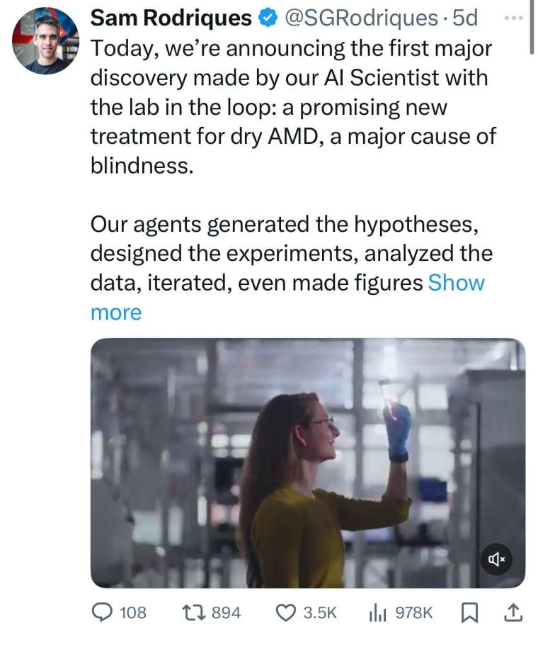 FutureHouse的董事兼執行長Sam Rodrigues於X發文。