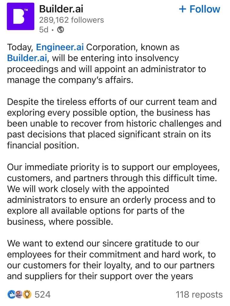 Builder.ai的破產清算通告。（圖：截自Builder.ai LinkedIn）