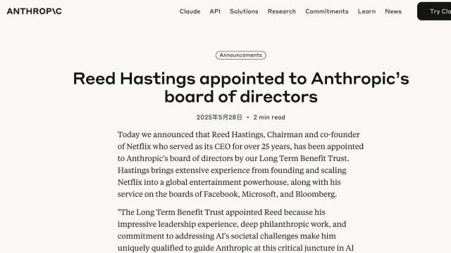 Netflix創辦人Reed Hastings出任AI新創Anthropic董事。(圖: 截自Anthropic官網)
