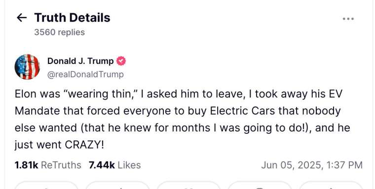 川普周四在Truth Social發文表示，馬斯克已經瘋了而且「令人厭煩」。(圖: 截自@realDonaldTrump)