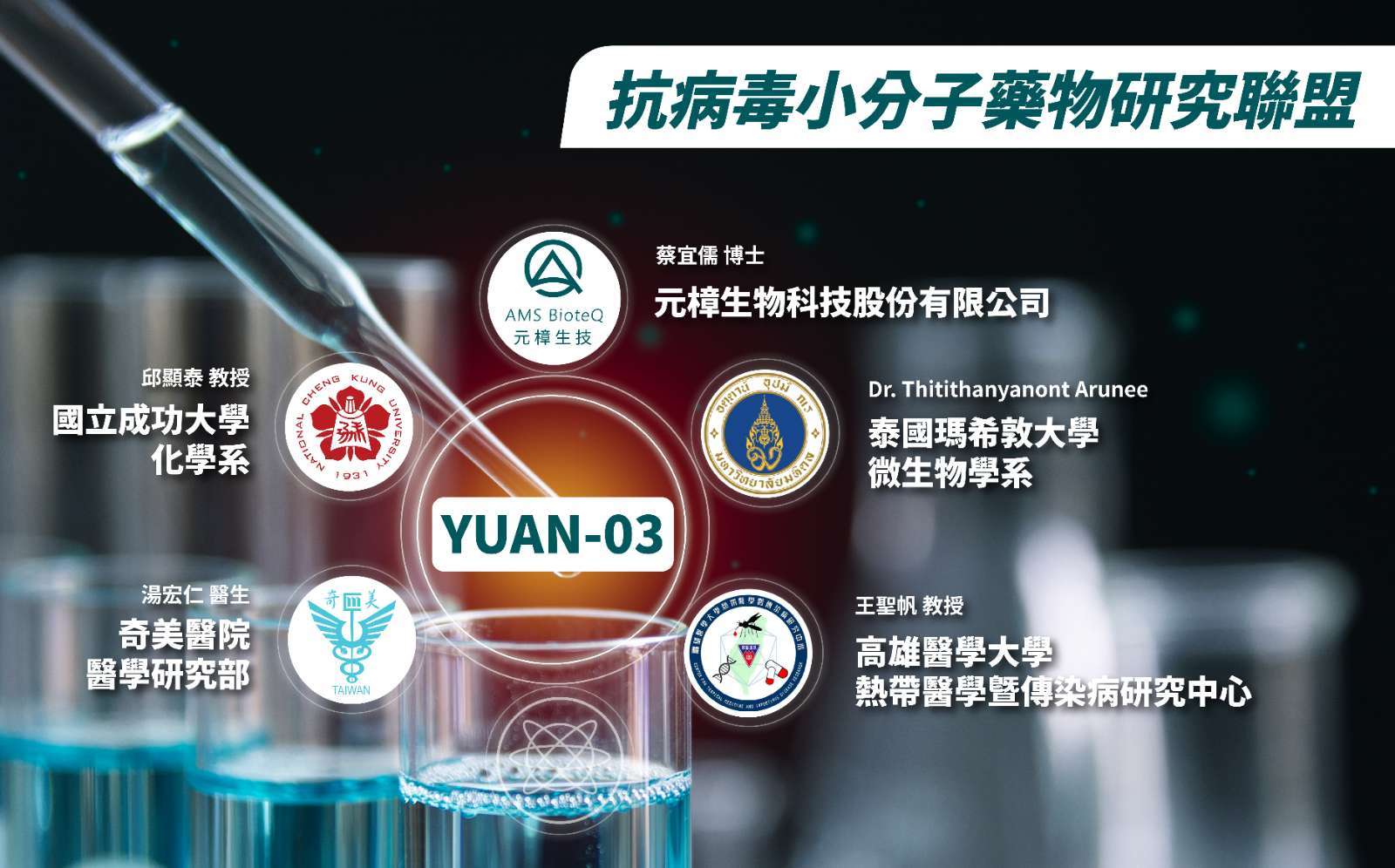 元樟攜手成大、高醫大、泰國瑪希敦大學及奇 美醫院等國際知名學術單位，共同推動相關研 究進展。 