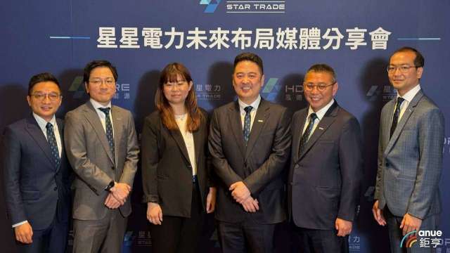 左起星星電力財務長陳孝存、星星電力總經理關婷怡、星星電力董事長周仕昌、泓德能源董事長謝源一、星星電力日本總經理岡本和也、星星電力電力市場策略處處長袁芳偉。(鉅亨網資料照)