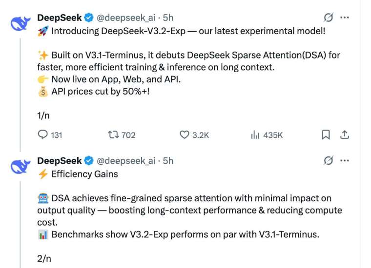  DeepSeek在社群平台發文介紹最新的實驗模型。（圖: DeepSeek的X帳號）