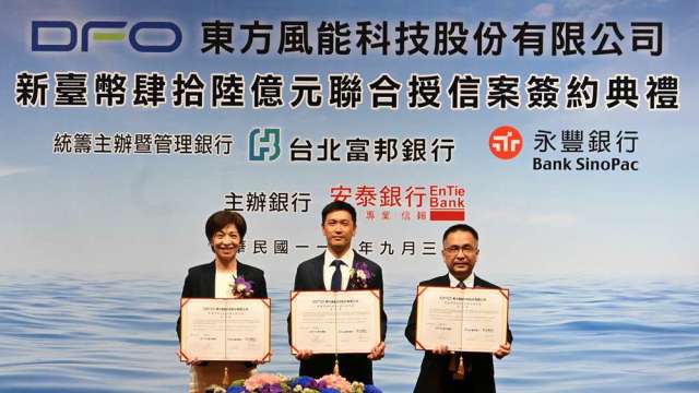 圖為簽約代表永豐銀行副總經理柯永仁（右）、東方風能董事長陳柏霖（中）。(圖/永豐銀行提供)