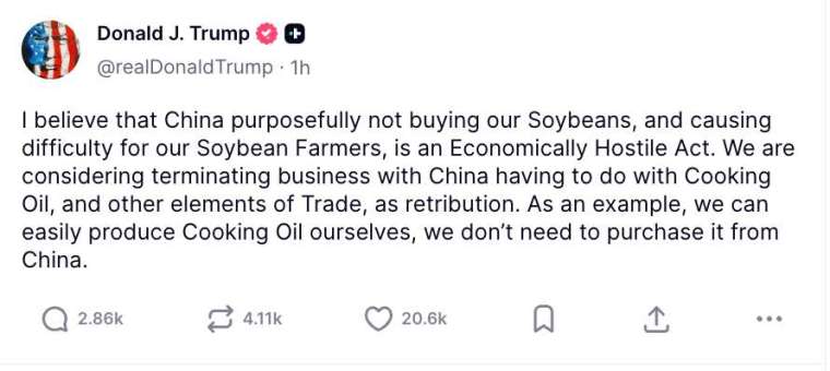 川普在社群平台上批評中國不買美國大豆的行為是一種敵對行為。(圖:Truth Socail)