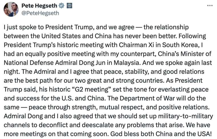 (圖：赫格塞斯Truth Social)