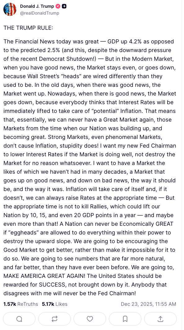川普發文表示，不同意我降息主張的人，永遠當不了 Fed 主席。(圖: Truth Social)