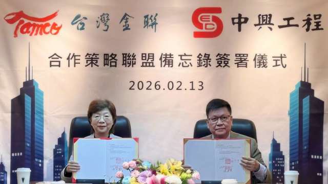 台灣金聯資產管理公司董事長宮文萍(左)與中興工程顧問公司董事長陳伸賢(右)共同簽署「合作策略聯盟備忘錄（MOU）」。(圖：台灣金聯提供)
