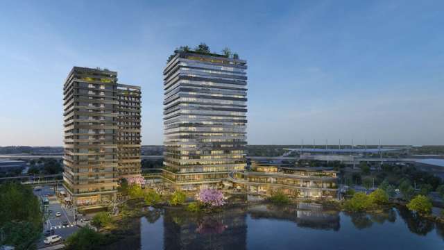 高雄「捷運R17世運站A5街廓公辦都更案」由日勝生出線，圖爲模擬圖。(圖：仲量聯行提供)