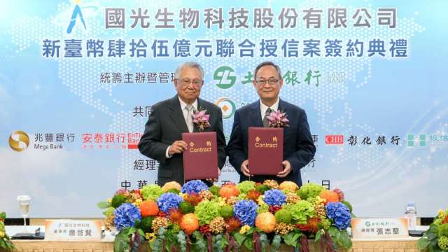 國光生技聯貸案由土地銀行總經理張志堅（右）與國光生技董事長詹啓賢（左）代表簽署。（圖:土銀提供）