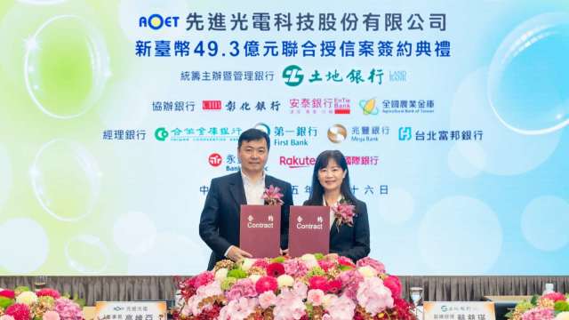 土銀統籌先進光49.3億元聯貸,由副總經理蔡慈瑛代表與先進光電董事長高維亞(左)簽署合約 。(圖:土銀提供)
