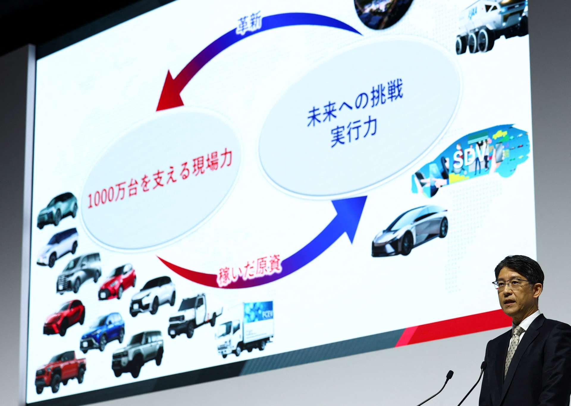 Toyota執行長佐藤恒治(Koji Sato)2025年5月8日在東京出席財報說明會。隨著軟體定義汽車(SDV)成為產業發展重點,Toyota正加速導入新一代車載軟體平台與AI功能。Reuters/TPG