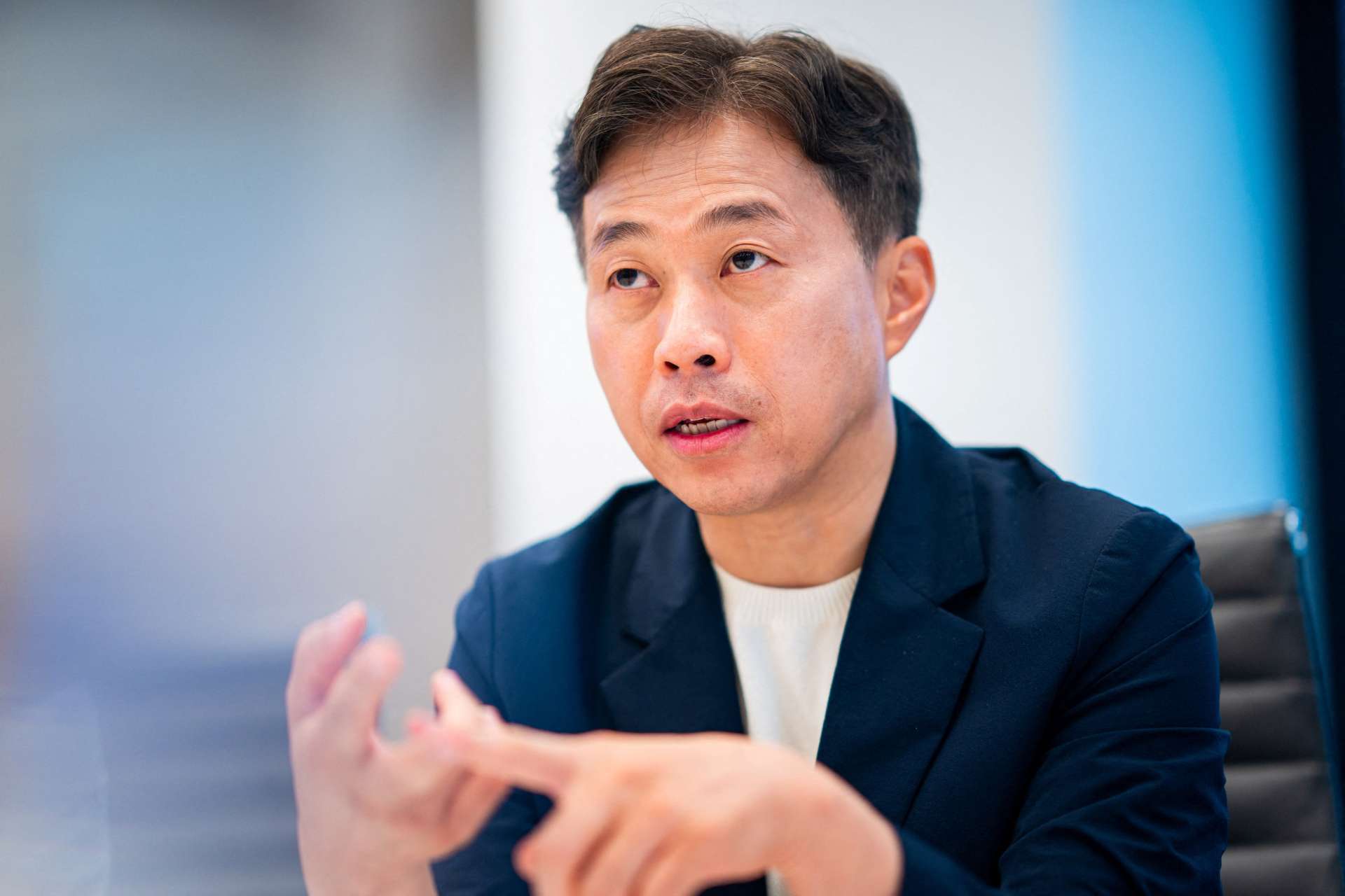 SK Hynix執行長Kwak Noh-jung於2026年7月10日在美國紐約那斯達克總部接受專訪。當天正值SK海力士在紐約上市，他表示全球記憶體市場供需失衡恐於2027年達到高峰。Reuters/TPG