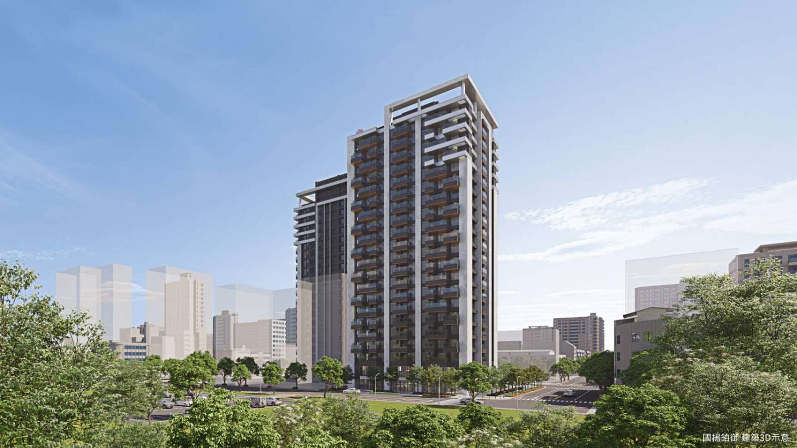 國揚建設於農16黃金角地、罕見的三面臨路，打造雙棟美學傳世名作。（圖為完工3D示意圖）